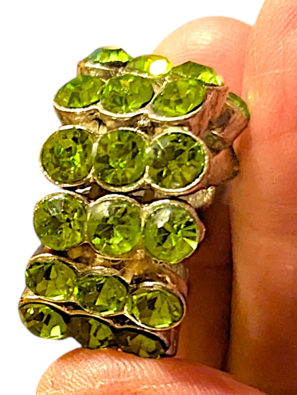 Vintage 80s 90s Triple Row Emerald Green Rhinestone Crystal Stretch Ring - Picture 8 of 14